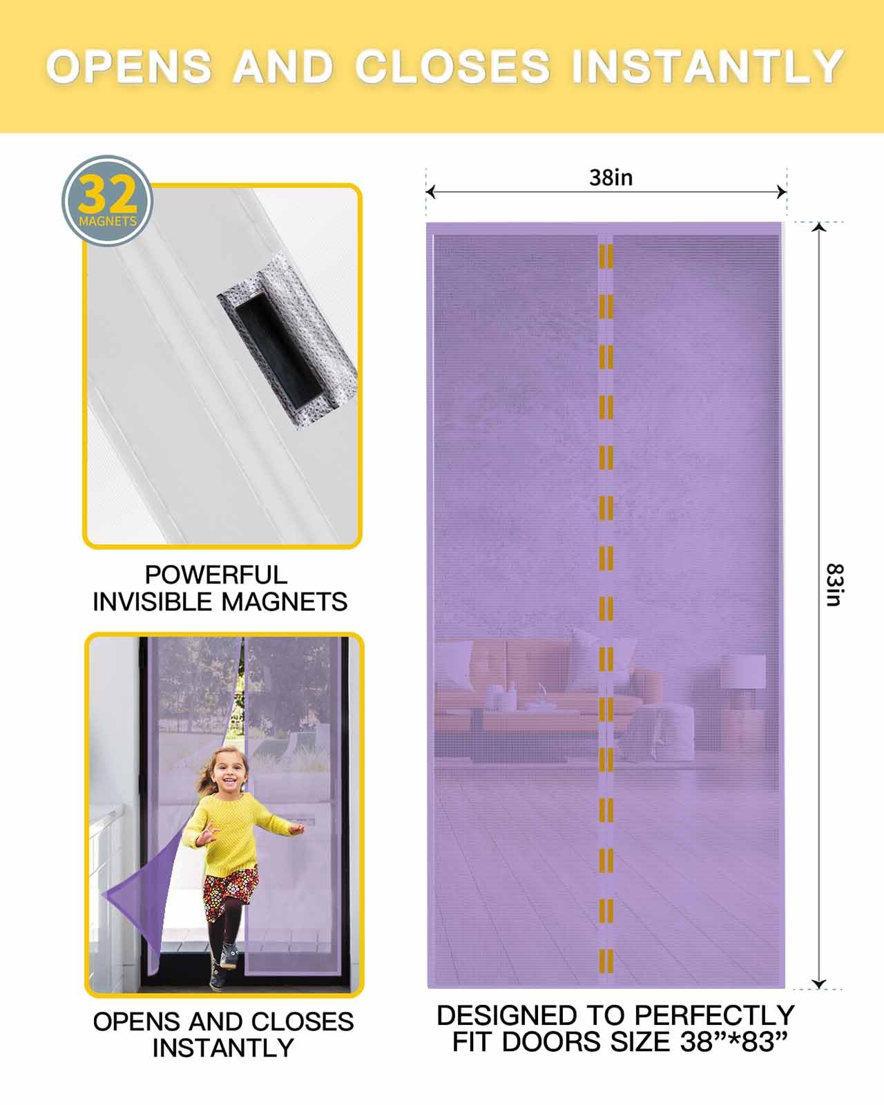 Lavendelviolette, berührungslose Magnet-Fliegengittertür 96,5 x 211 cm für Einzel-, Schiebe- und Haustüren