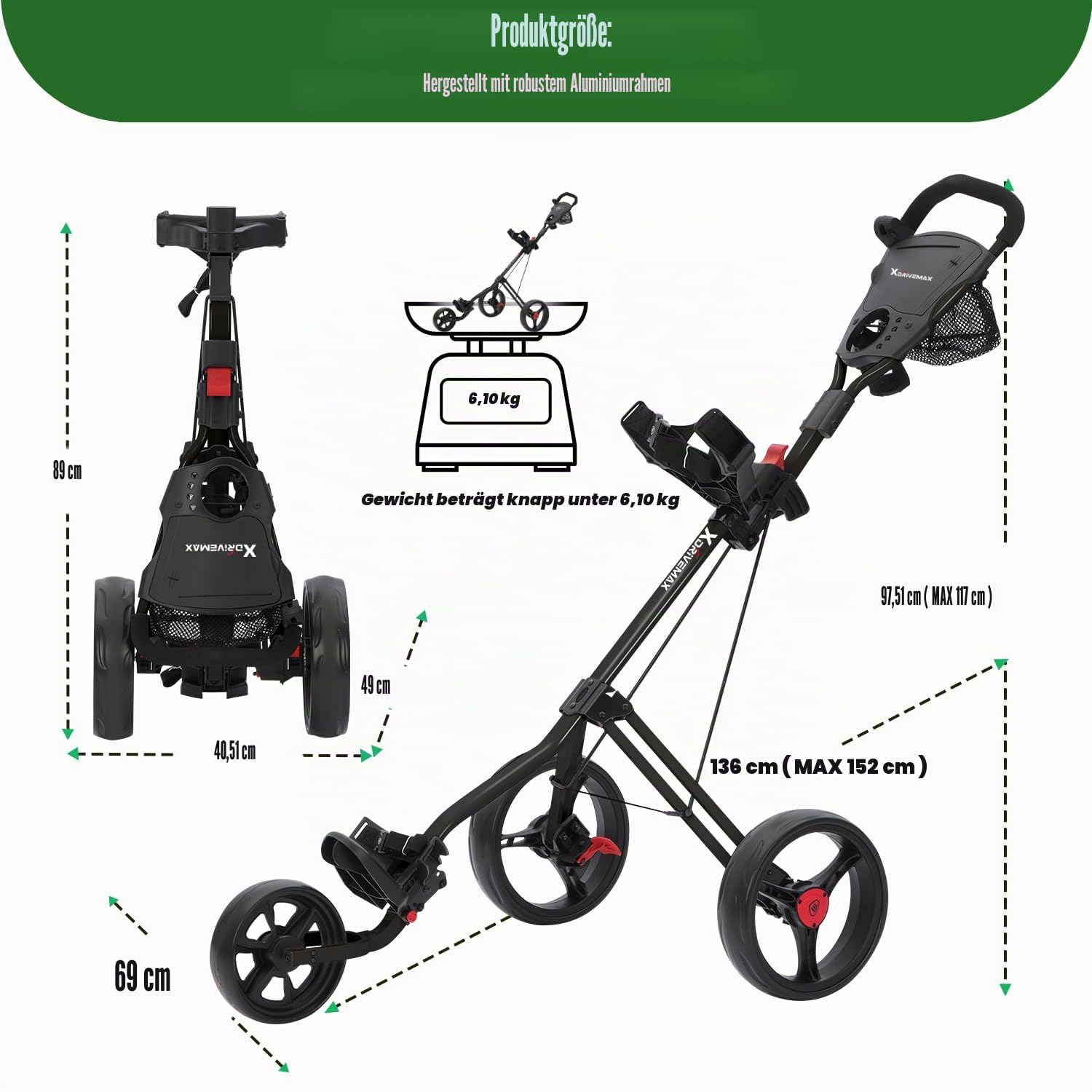 XDriveMax Golf Trolley 3 Rad,Golftrolley Klappbar,Leichter Golf Trolleys für Golfschläger und Golfbag, mit Getränkehalter,Scorekartenhalter und Ablagefach(schwarz)