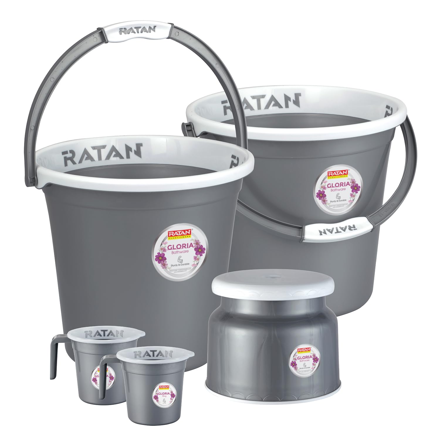 Plastic Bathroom Set of 5 Pieces Combo Pack Gloria Plain,18 Liters 2 Pieces Bucket + Nova Stool Patla 107 + Two Gloria Plain Bath Mug 1 Liter- NIR Silver