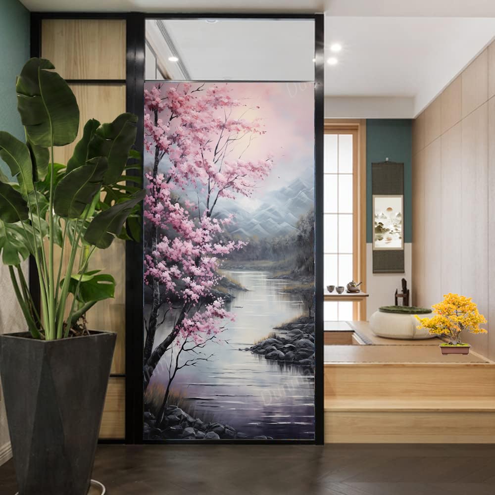 Rustikale Berg Fenster Sichtschutzfolie Tinte Landschaft Rosa Kirschblüten Buntglas Fensterfolie Sonnenblockierung Wärmeregulierung Dekorative Fensterabdeckfolie für Home Office 90 * 160cm