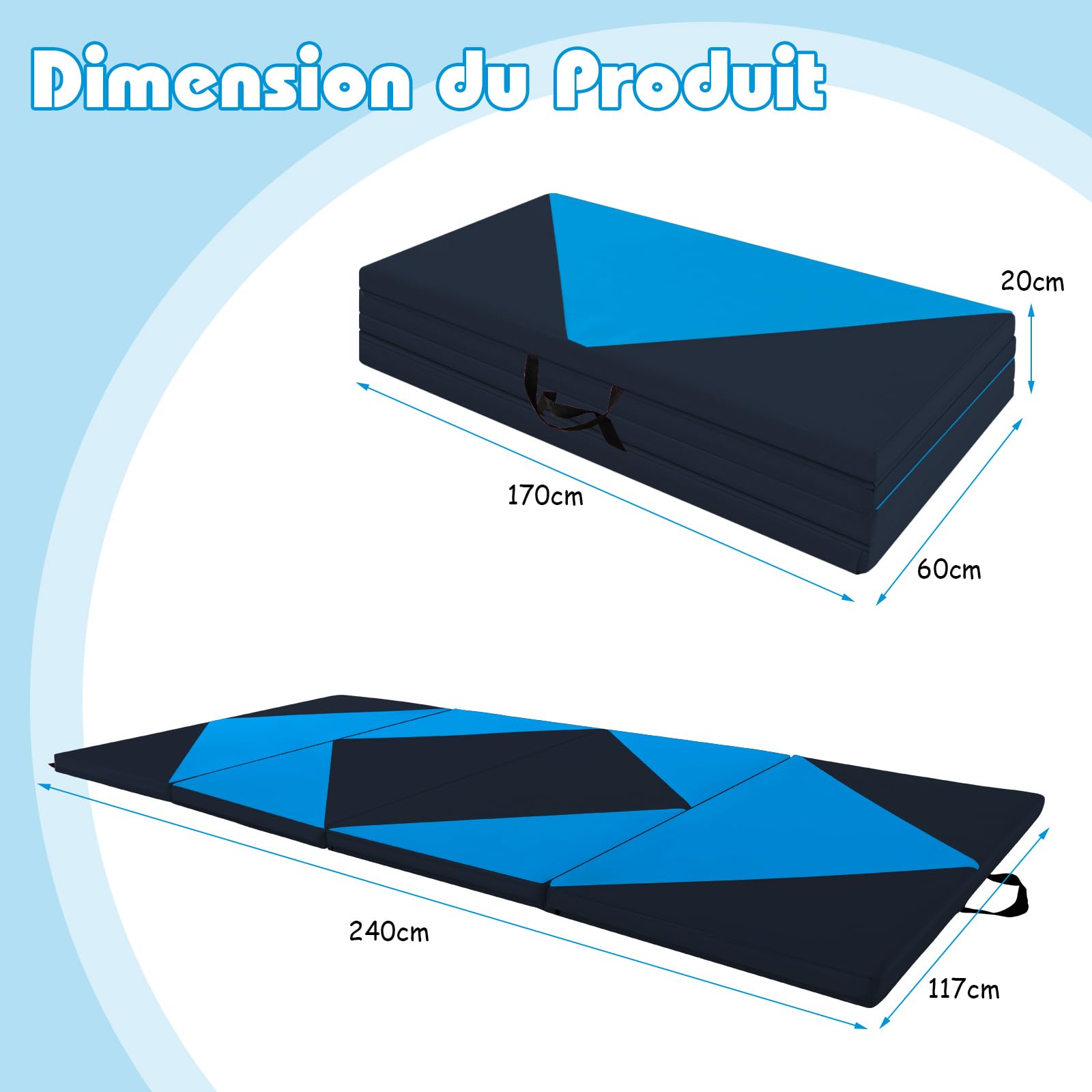 GOPLUS Tapis de Gym Pliable, 240x117x5CM, 4 Plis & Poignée Latérales pour Transport, Tapis Gymnastique en Cuir Imperméable, Attaches Auto-agrippantes pour Gym, Yoga, Fitness