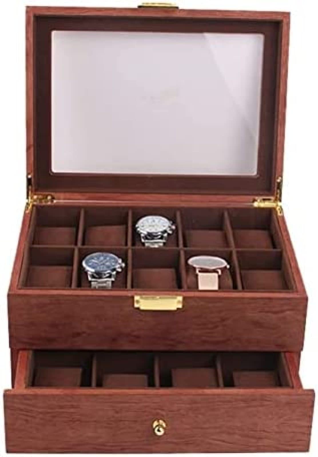 YNBSHGAA 2 Layer Vintage Wood 20 Slots Watch Storage Box Organizer Clear Lid Lockable Jewellery Display Case,Red Brown,29X21.5X15cm,Red Brown-29X21.5X15cm