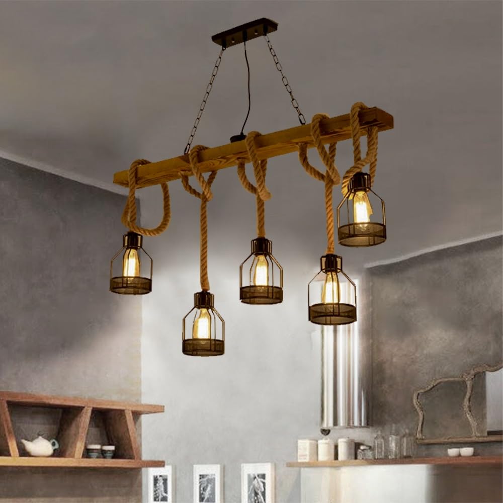 JOJOM Lámpara Colgante Industrial Vintage Altura Ajustable Iluminación Colgante de Madera Lámpara de Cristal Industrial E27 Lámpara Colgante Habitación Hotel Bar Salón Comedor