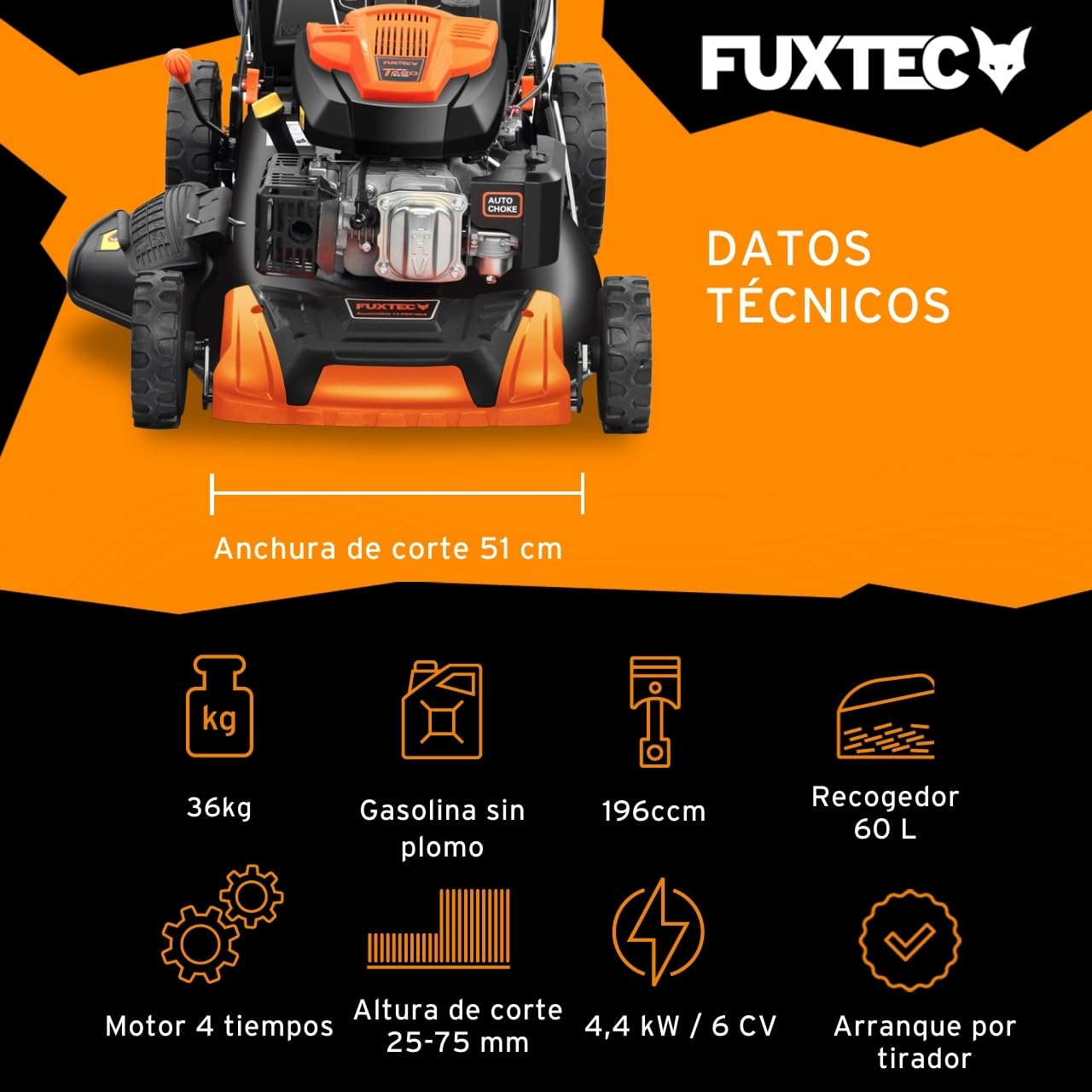 FUXTEC FX-RM5170PRO cortacésped Gasolina 4en1, 170 cm³ / 4 CV, 51 cm Ancho, Altura Ajustable, autopropulsado con Velocidad Variable, Bolsa 60 L, Mulching y Descarga Lateral.