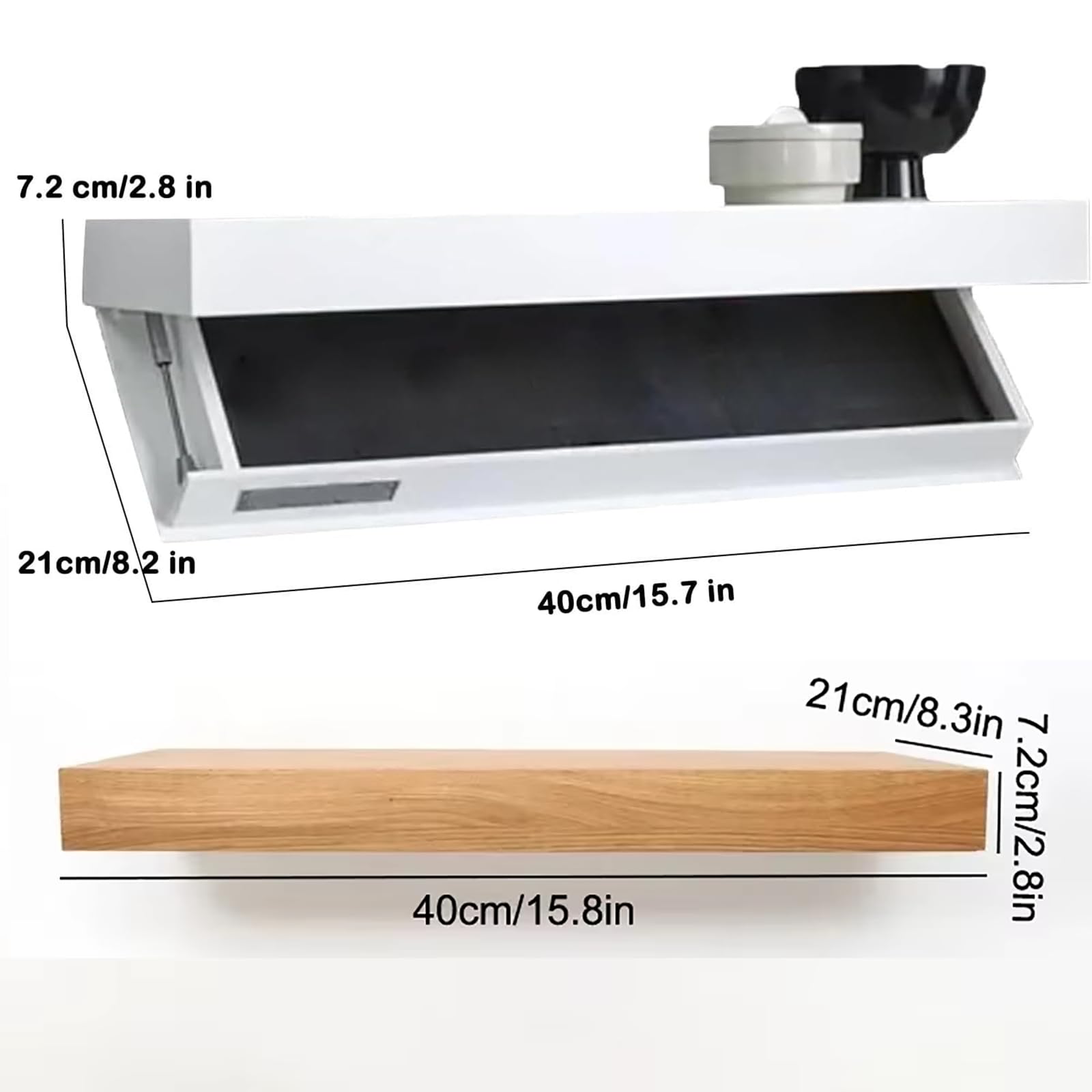 Moderno scaffale sospeso con cassetto segreto, elegante soluzione di archiviazione nascosta, mensola da parete in legno per soggiorno, camera da letto, ufficio, rifugio segreto bianco.