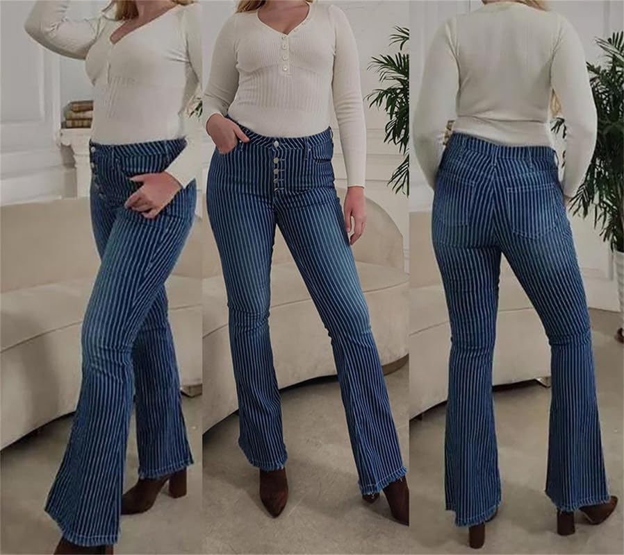 Andongnywell Womens Striped Bell Jeans Classic High Waist Flared Denim Pants Boho Printed High Rise Flare Pants2