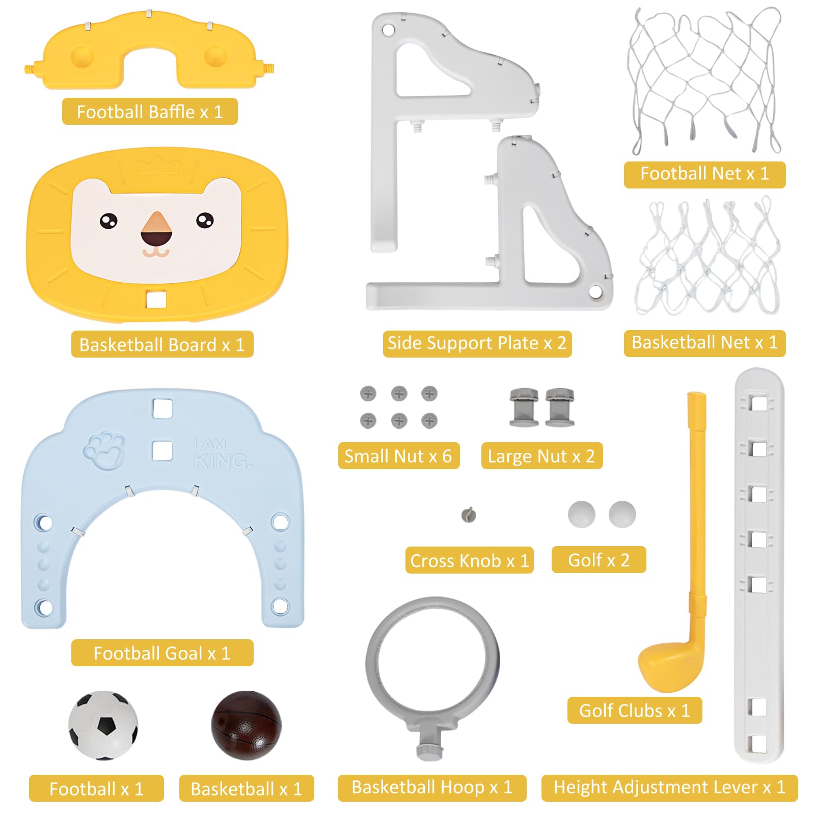 HOMASIS 3 in 1 Canestro Basket Bambini con Pallacanestro, Calcio e Golf, Basket Bambino a Forma di Leone con Altezza Regolabile 110-149 cm, Canestro Basket da Camera da Esterno (Giallo)