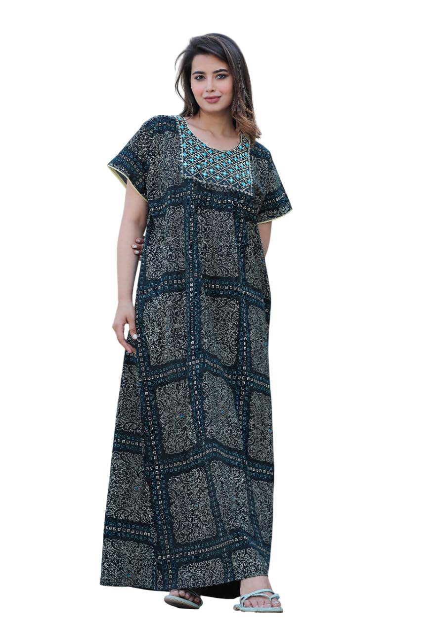 Pure Cotton Embroidery Nighty for Women, Jaipuri Night Gown, Maxi Sleepwear Nightdress-picture-12