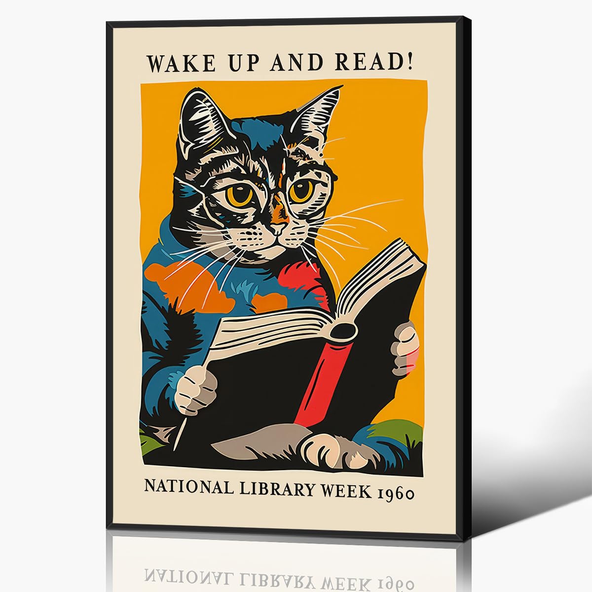 Anslipswar Cat And Book 02 Cat And Book Poster, Wake Up And Read Inspiring Wall Art Canvas, Retro 1960 National Library Week Wall Art, Reading Art For Book Lover, Classic Gallery Wall Decor 60X90cm Unframed