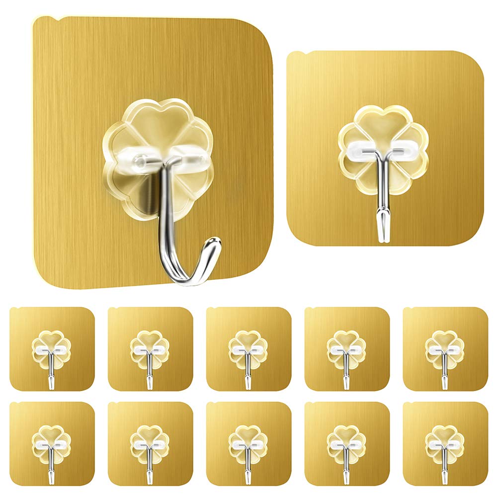 PROLOSO Adhesive Hooks Golden Heavy Duty Waterproof Oilproof for Bathroom Kitchen Walls Self Sticky Hangers for Hanging Pictures Shower Pack of 50