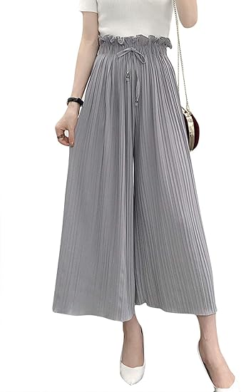 Asherangel 9分丈パンツ レディース ガウチョパンツ フレアパンツ 冷感 Uv 無地プリーツ シフォン 春夏秋 ワイドパンツ 体型カバー ウエストゴム ロング 七分丈 ボトムス ゆったり カジュアル カプリ クロップトパンツ 通販