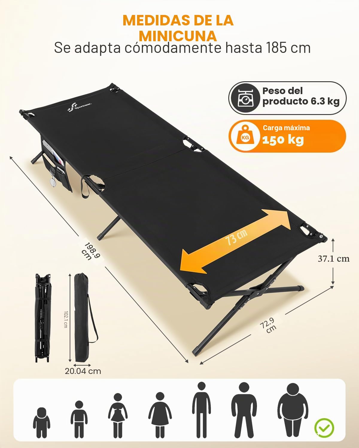 Sportneer Cama de campo plegable 199 * 73cm, cama de camping versión actualizada, cama plegable XXL para acampada senderismo al aire libre, viajes, playa, jardín al aire libre