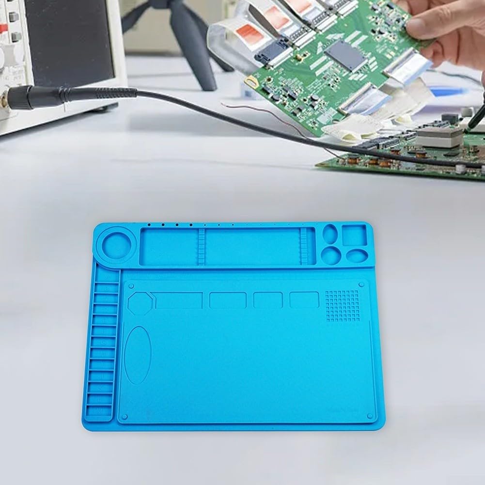 Lötmatte Silikon Hitzebeständig 48x36cm, Rutschfeste Reparaturunterlage für Lötstation, für ideal für Elektronik-Reparatur an Handy, Uhr und Computer, Blau