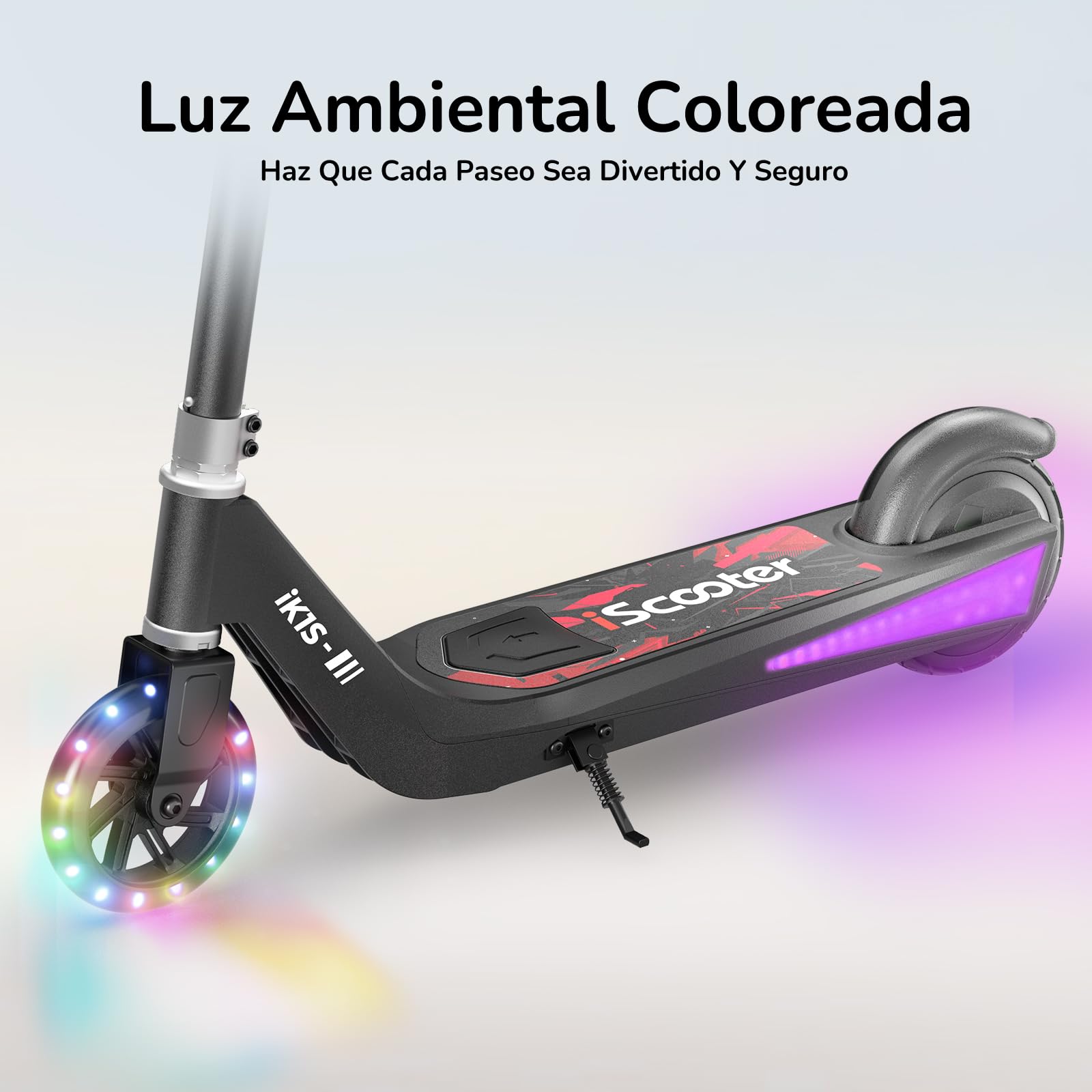 iScooter - Patinete eléctrico Infantil de 6 a 10 años, 2 velocidades, 10/15 km/h, Rueda Delantera Luminosa y LED, Multicolor, Altura Ajustable en 3 Niveles, Carga máxima: 50 kg