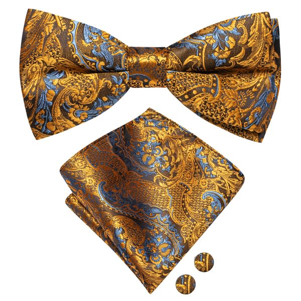 Image of Hi-Tie Bow Ties for Men Pre-Tied Pocket Square with Cufflinks Mens Bowtie Sets for Wedding Formal Party