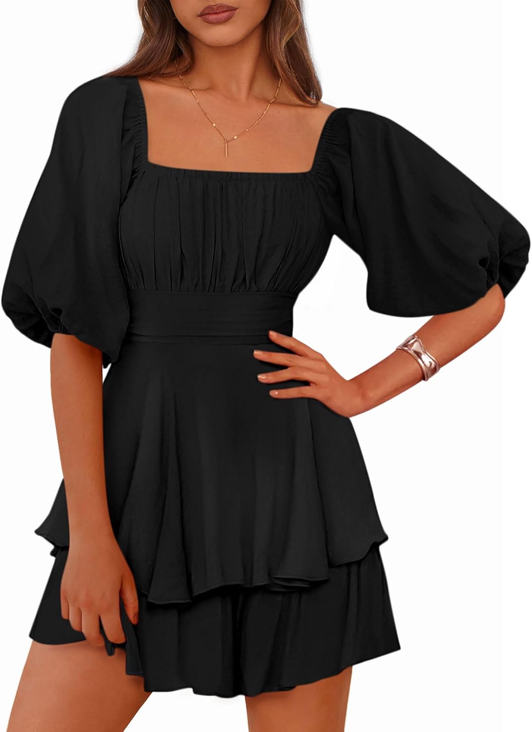 Zenlonr Women's Summer Romper 2025 Casual Puff Short Sleeve Ruffle Layer Tie Mini Short Jumpsuits Beach Party