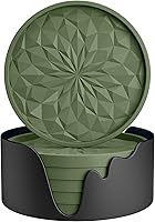 ME.FAN 6-Pack Silicone Coasters with Holder - Thickened Non-Slip Deep Tray for Hot/Cold Drinks, Olive Green, Furniture Protection