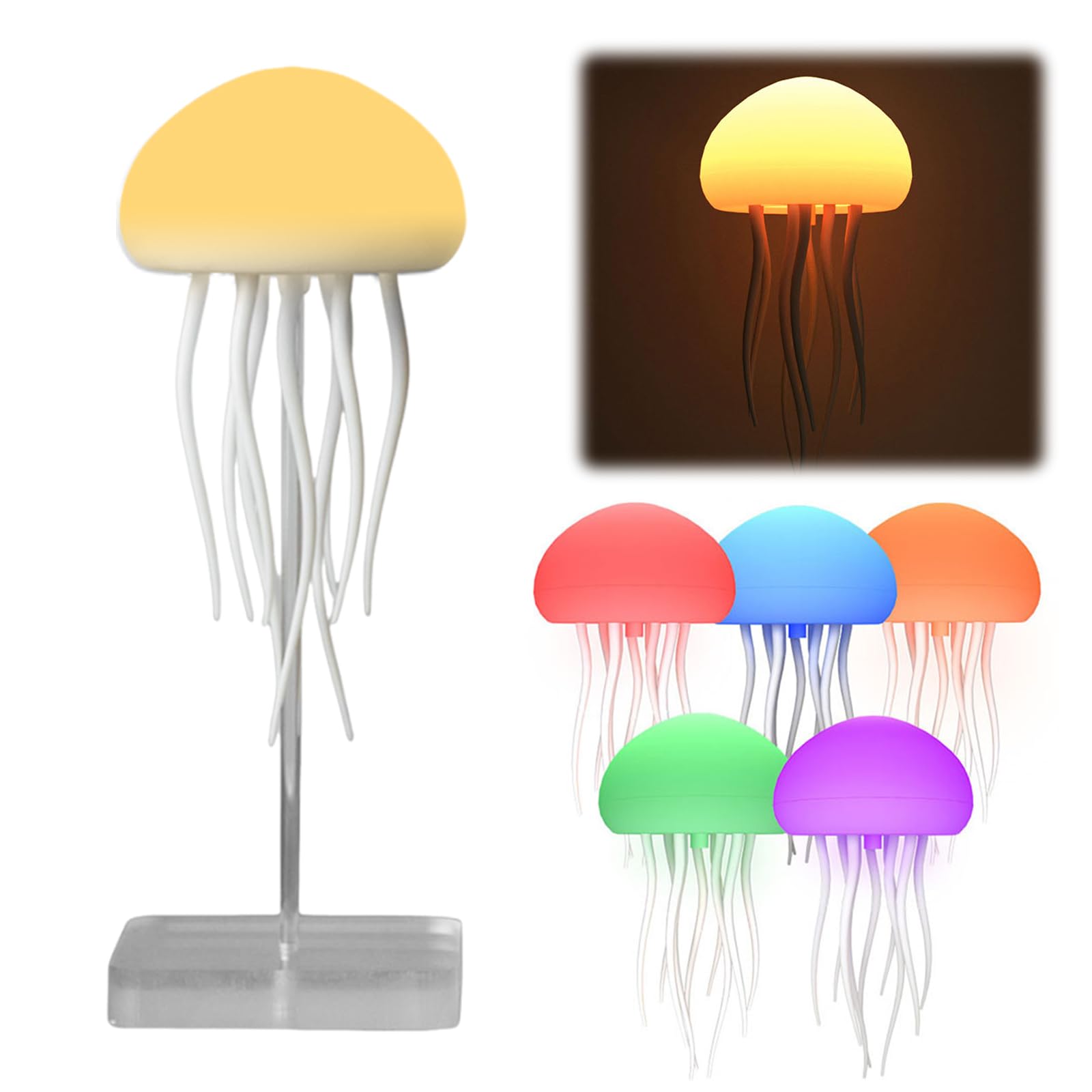 HTU Bedroom Bedside Deformable Lamp Voice Control Type-C Charging Cartoon Jellyfish-Shape Night Light RGB Gradient Flexible Tentacles for Kids Bedroom Home Decor