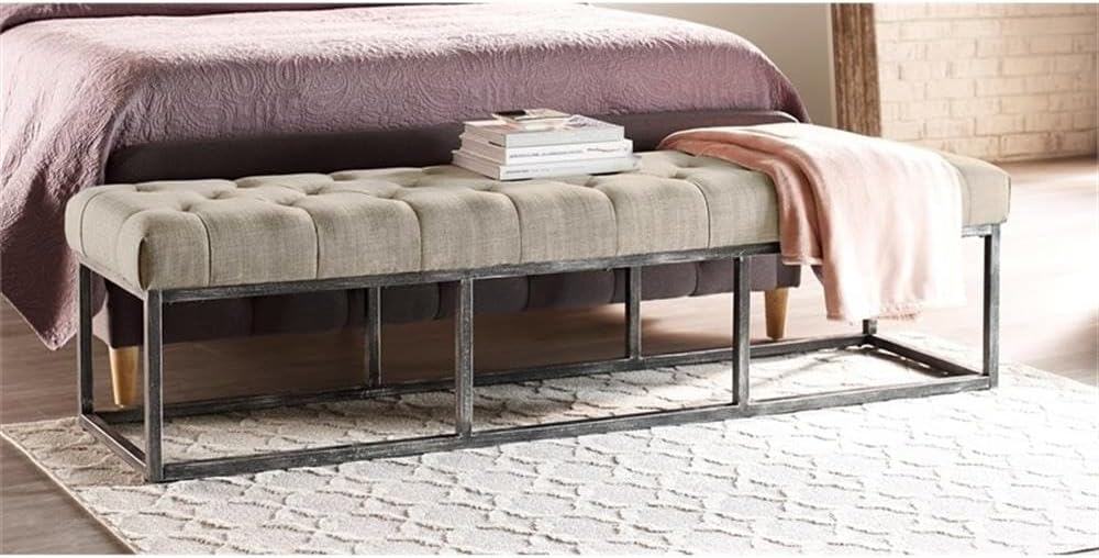 Pemberly Row Modern Tufted Bedroom Bench, Ivory Upholstered Fabric, Foam and Fiber Filling, Sleek Metal Legs, Rectangular Design, Contemporary Style Indoor Seating for Bedroom or Home Use