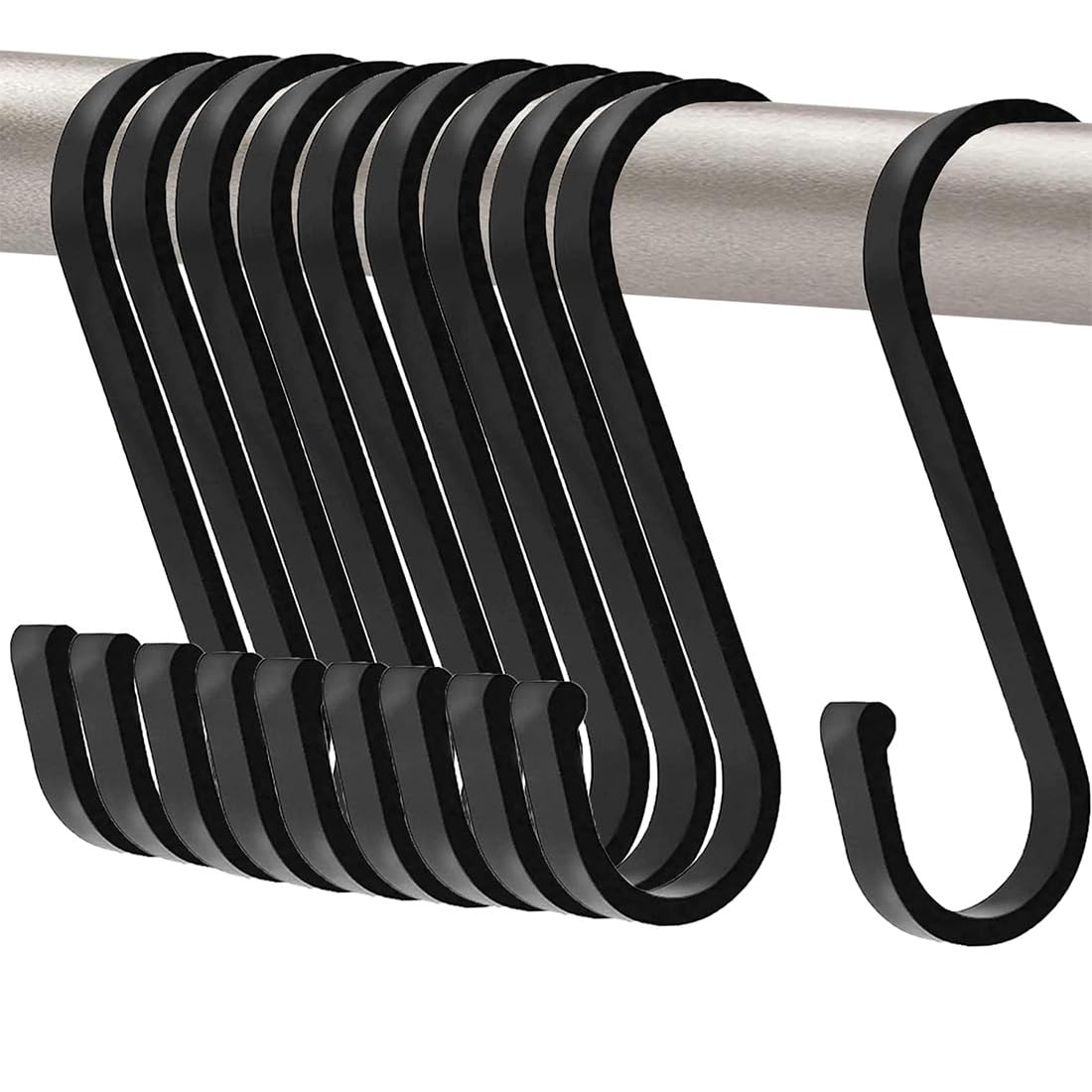 10 Ganci Appendiabiti S in Ferro, Ganci a S Piatti da 10cm, Ideali per Negozi di Abbigliamento, Camera da Letto, Bagno, Cucina, Nero