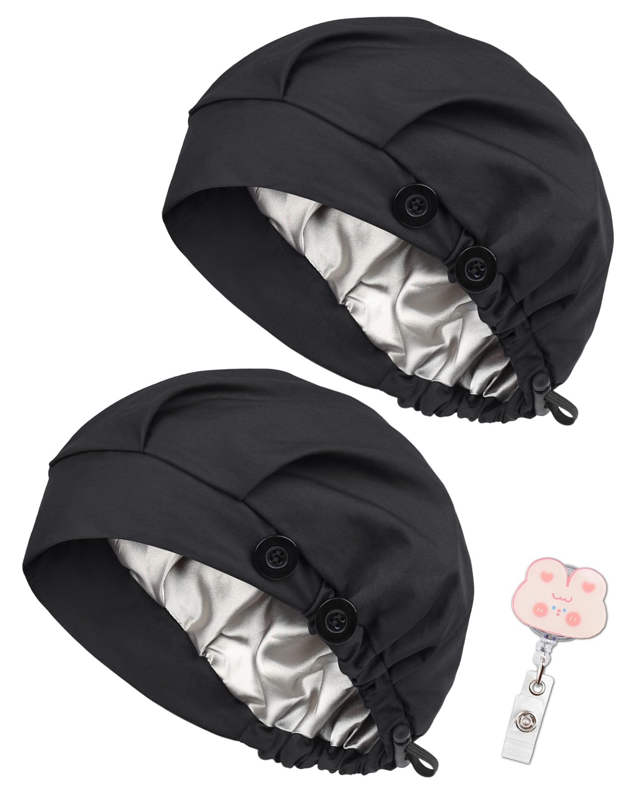 2 Pack Satin Lined Bouffant Scrub Caps with Buttons, Adjustable Scrub Caps for Women Men