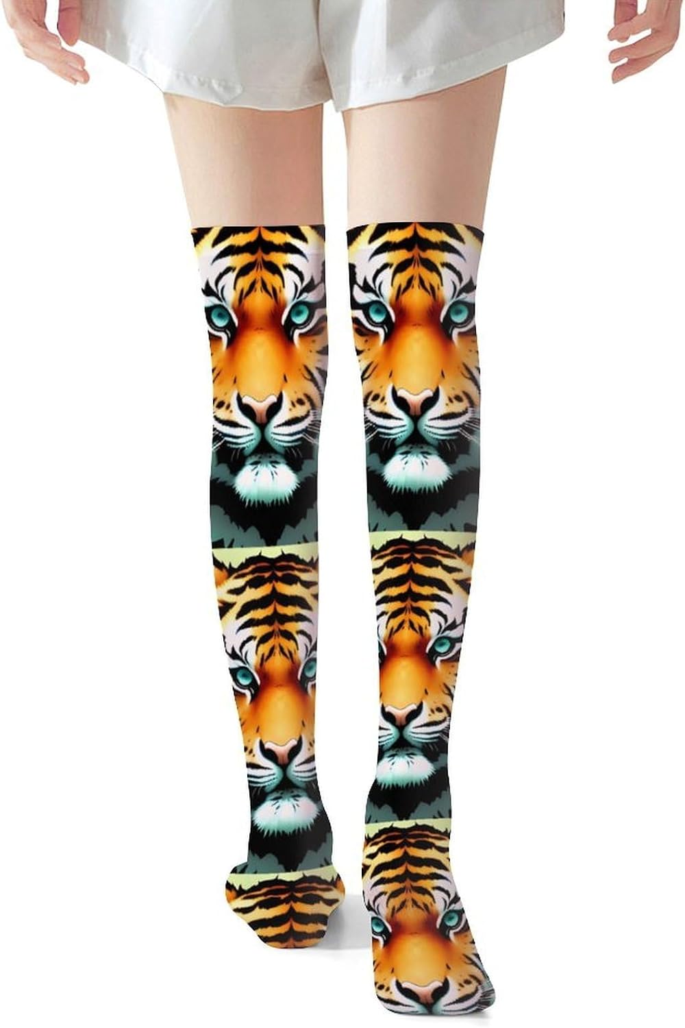 Little Fat Tiger Head Knee High Stockings for Women 23.6" Breathable Thigh High Stockings Over The Knee Socks