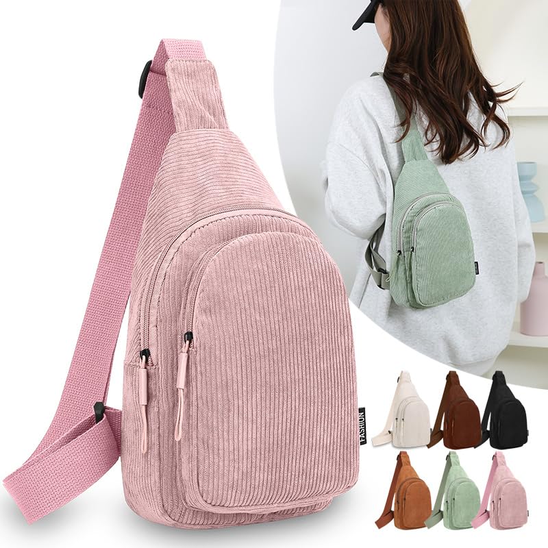 Bolsa feminina de veludo cotelê, bolsa de ombro transversal leve casual, mini mochila de viagem, 6 cores disponíveis, rosa