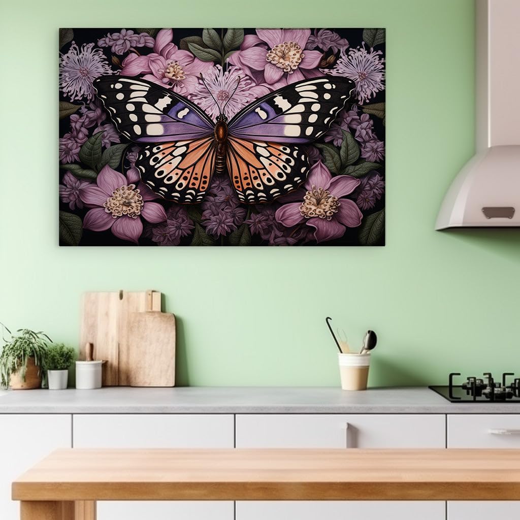 Canvas for Living Room. Whispers of Nature: A Majestic Butterfly Amidst Blushing Florals Against The Night's Canvas, 27 x 18 inch Canvas Wall Art - Contemporary Masterpieces - Wildlife Wall Decor