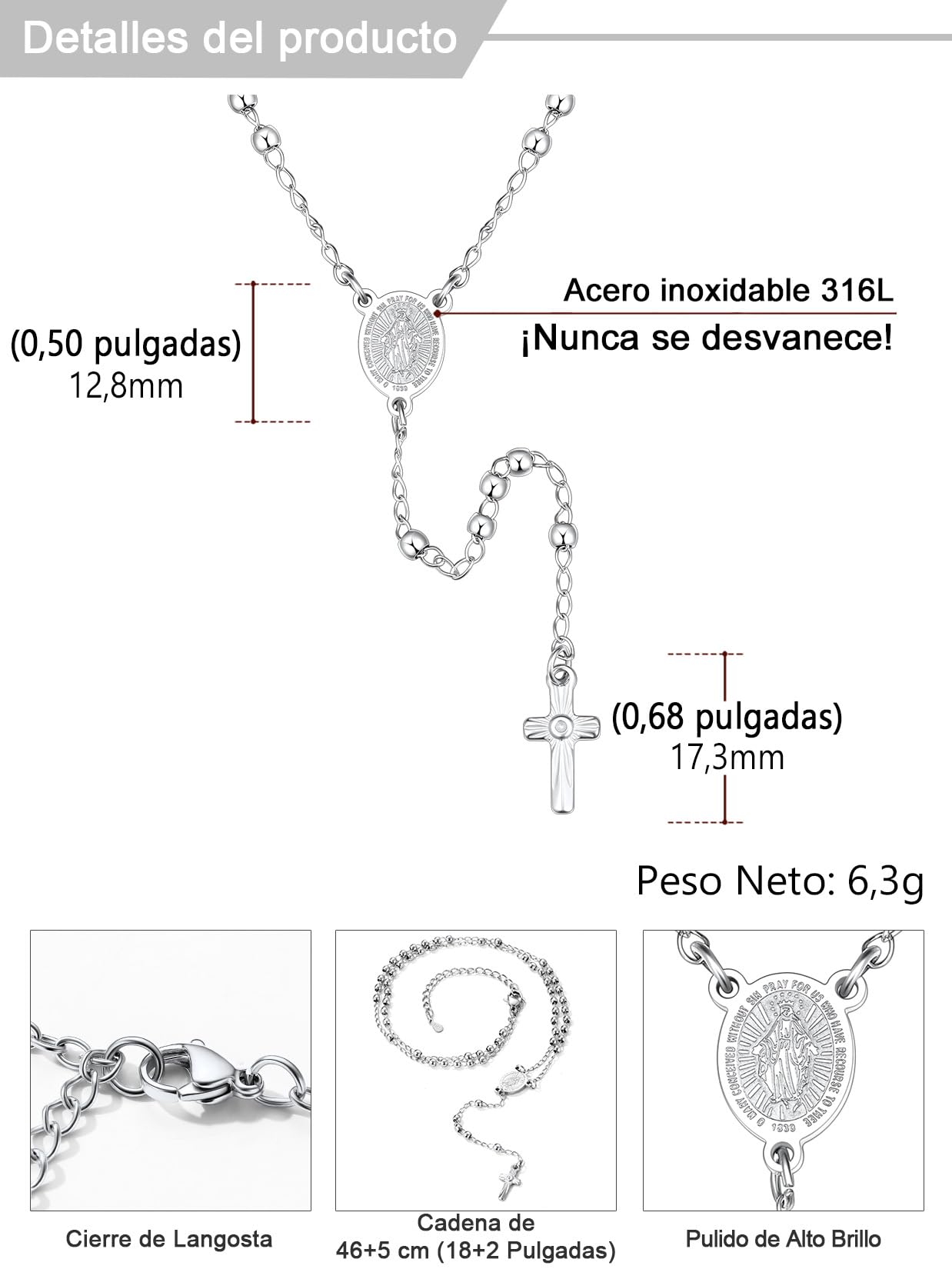 U7 Collar de Mujer y Hombre Rosario Medalla Milagrosa y Crucifijo Perlas de 3mm/6mm en Acero Inoxidable Color Plata Oro Negro Rosa con Libro de Oraciones, Manual y Caja de Regalo