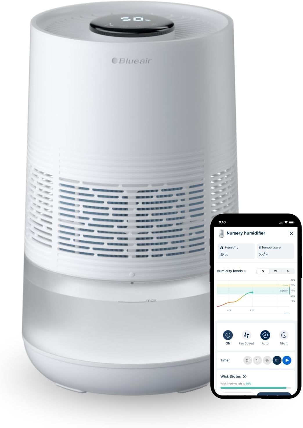 BLUEAIR ENERGY STAR Premium Smart Humidifier: 3.5L Dishwasher Safe Tank for Large Room, Better Sleep with Evaporative Tech, Auto & Night Mode, Easy Top Fill, Air Quality Insight with App, Touchscreen