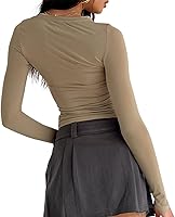 Vista 103 de Blusa corta básica casual para mujer, ajustada, manga larga, cuello redondo, color sólido, para otoño, camiseta ajustada Gris claro