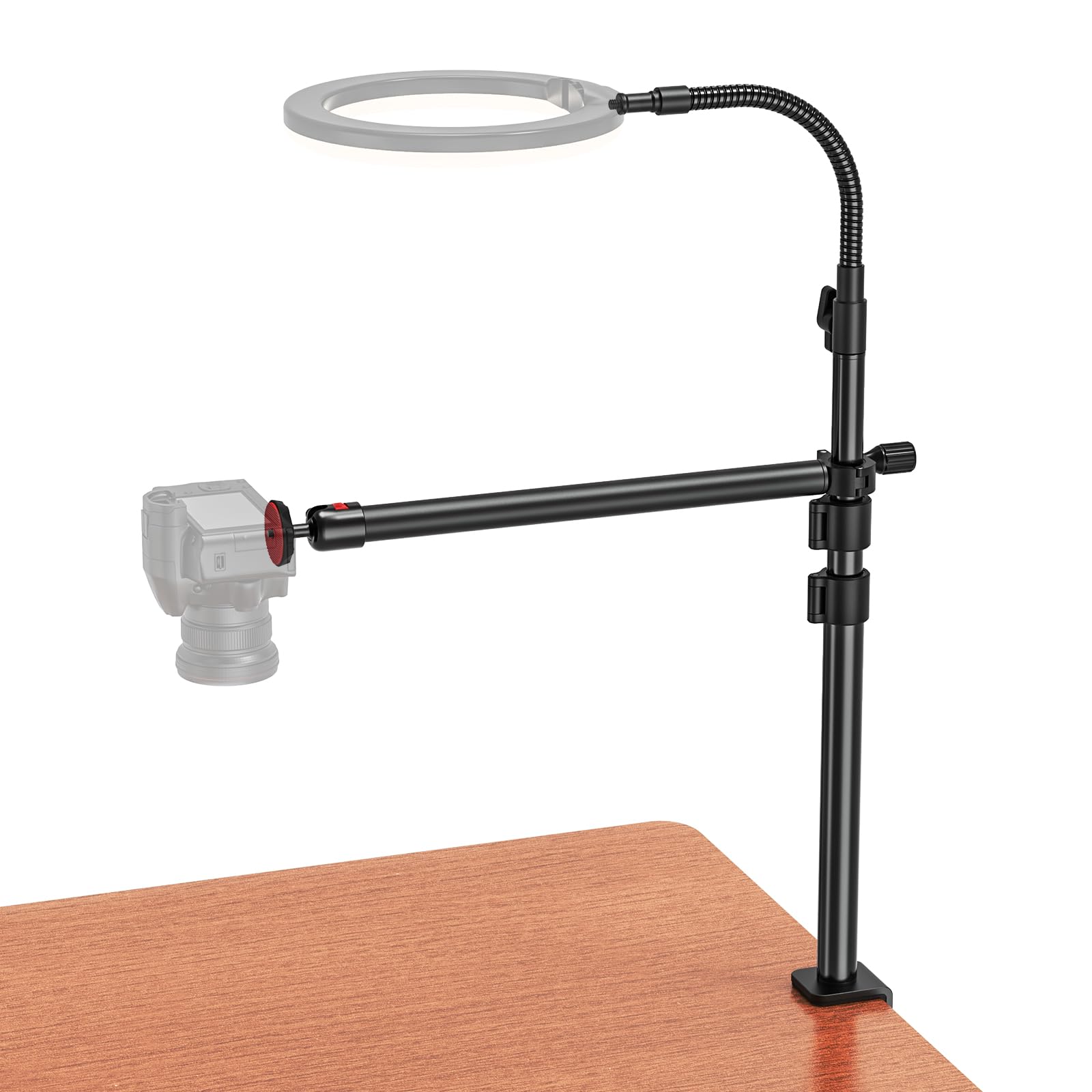 Supporto da tavolo per fotocamera con collo di cigno flessibile, 34-108 cm, con braccio flessibile e testa a sfera da 1/4" per DSLR, luce ad anello, Live Streaming, riprese video