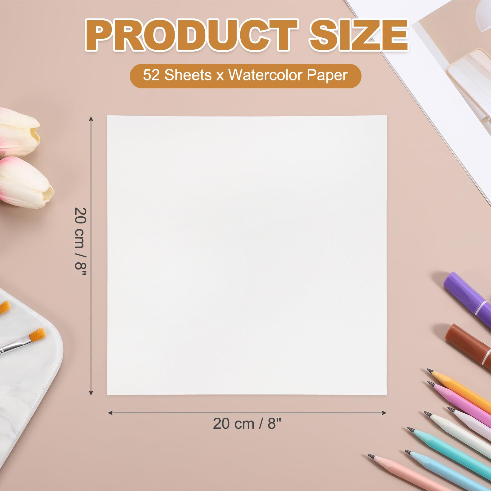QUARKZMAN 52 Pezzi Carta Acquerello 8 X 8 Pollici 140lb/300gsm Bianco | Carta Da Disegno Artista All'Ingrosso, Pressata A Freddo, Fogli Per Acquerello Per Sketchbook Journal, Angoli Dritti