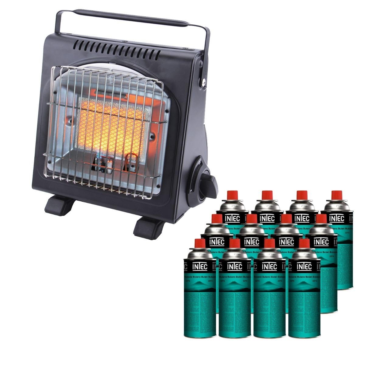 Intec – Calentador de gas portátil 1700 W + 12 cartuchos de gas encendido Piezo Thermopar ODS Camping Pesca