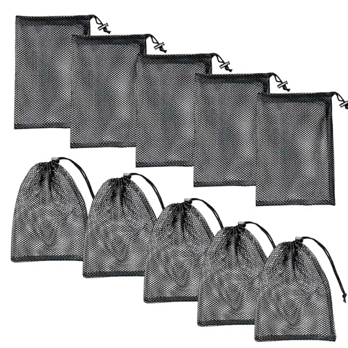 Punhung 10Pcs 8X12inch Black Nylon Mesh Drawstring Bags with Cord Lock Closure, Multipurpose Mesh Bags Storage Gym Bag for Washing Machine,Balls, Beach, Laundry, Golf Stuff Balls