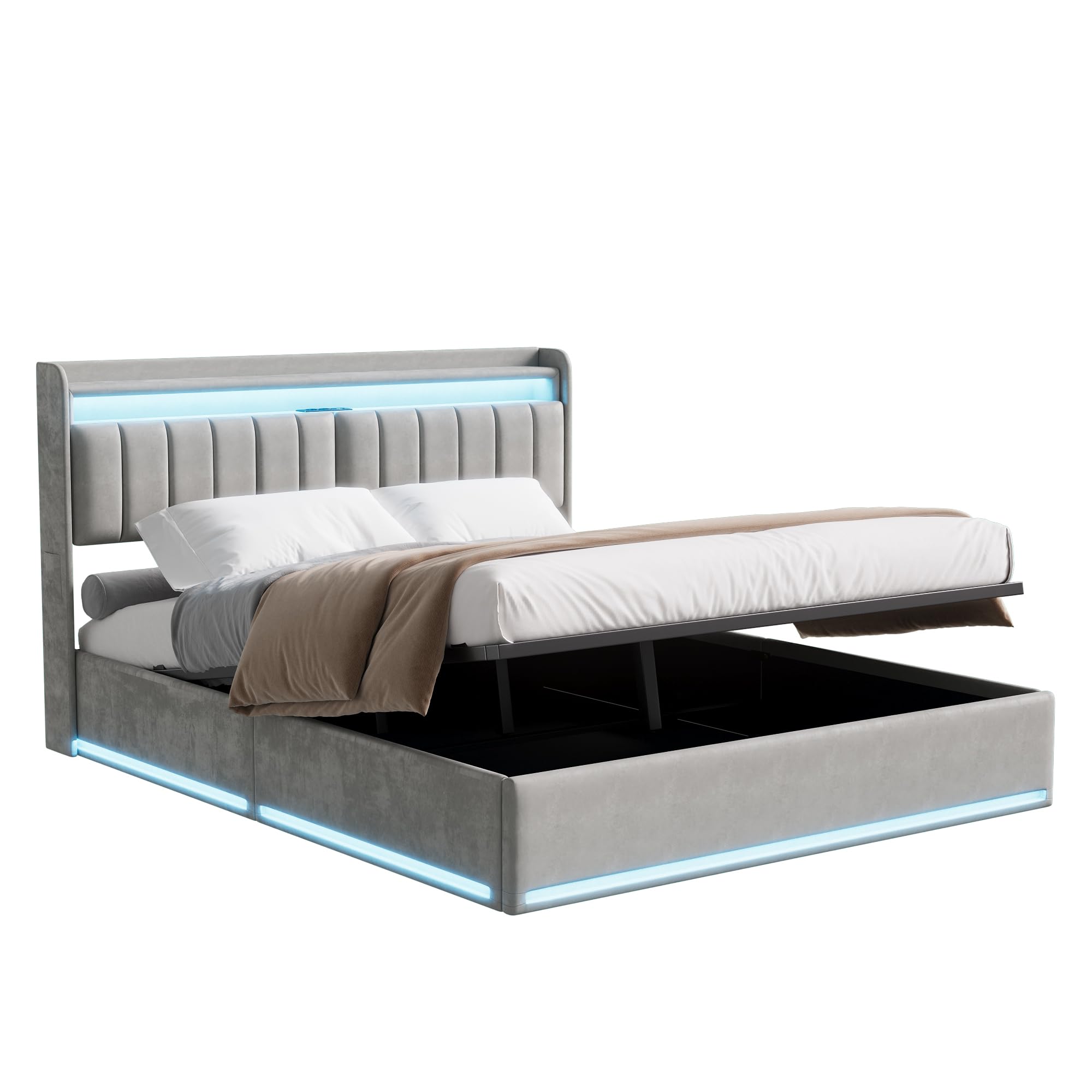 Lit Coffre 160 x 200 cm,avec Éclairage LED et Port USB,Lit Double Rembourré avec Rangement et Tete de lit,pour Adultes et Adolescents,Velours (Gris A, 160 x 200 cm)