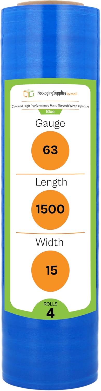 PSBM Dark Blue Stretch Wrap, 4 Rolls 15 Inch x 1500 Feet 63 Gauge Heavy Duty Plastic Wrap Industrial Strength Shrink Film for Moving, Packing & Shipping