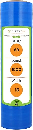 PSBM - Rollo de película elástica azul, paquete de 4, 15 pulgadas x 1500 pies, calibre 63, rollos de película elástica a mano oscuraopaca para