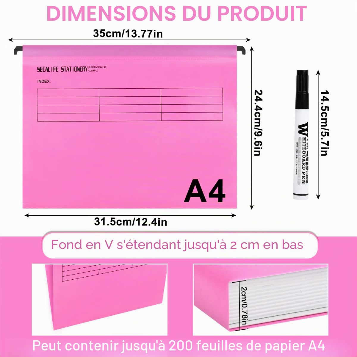24Pcs Dossiers Suspendus A4 Classeur en PP Dossier Suspendu pour Tiroir,Hanging File Folder pour Armoires de Classement avec Onglets et Insertions pour École, Maison et Bureau