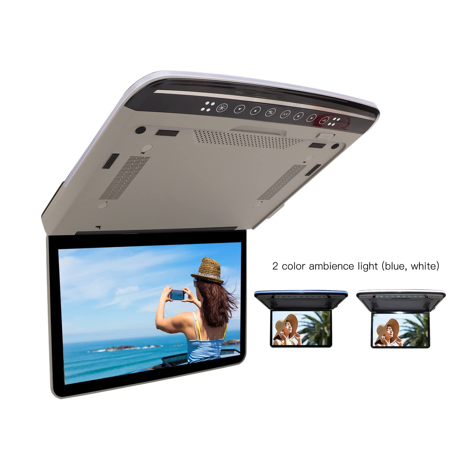 PUSOKEI TV pour Voiture, Moniteur de Voiture 13,3 Pouces avec écran de Lecteur de Voiture 1080p, écran monté sur Le Toit avec Lumière Bicolore pour Bus, SUV, Angle Réglable (Gris)