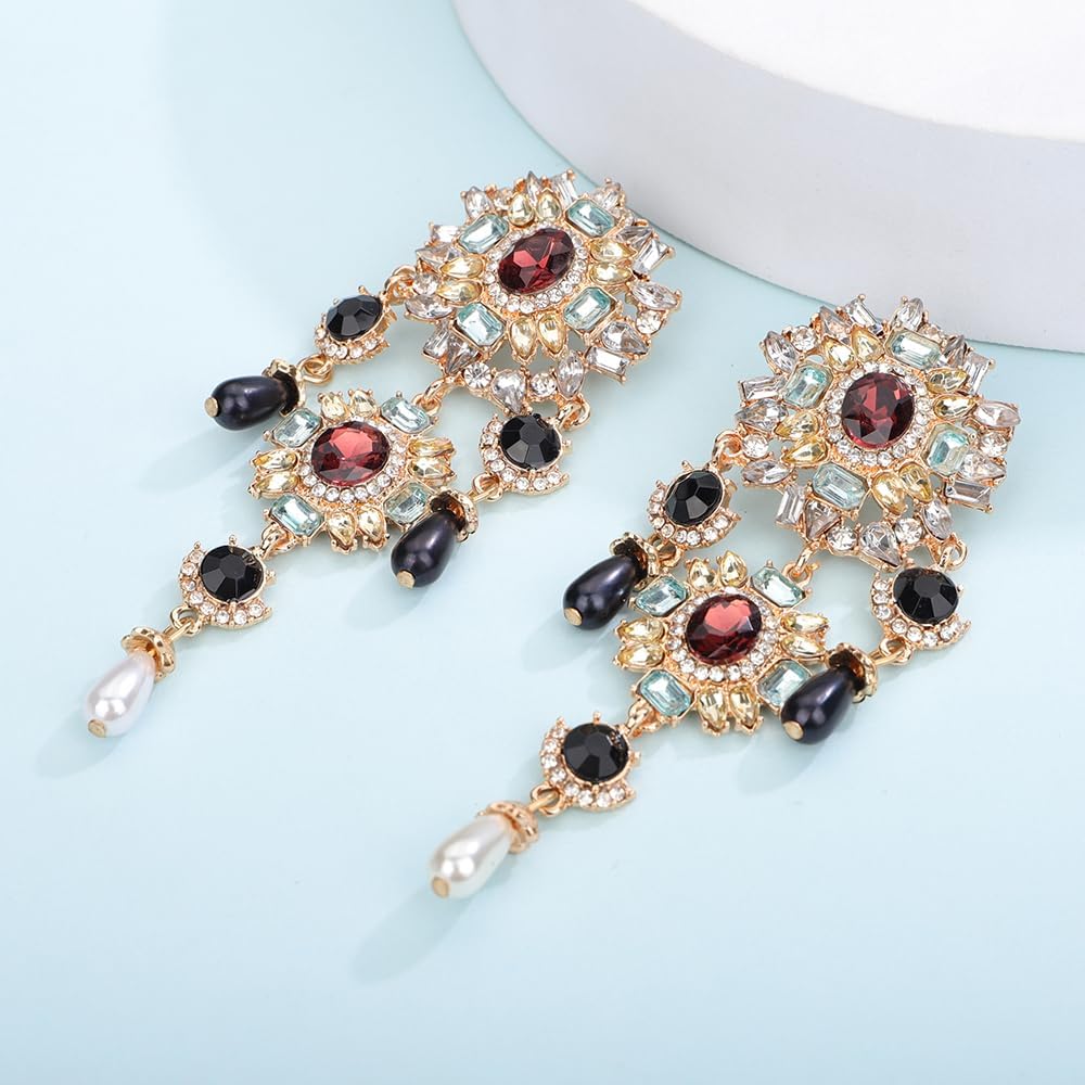 Boho Fashion Punk Gothic Black Tassels Earrings Rhinestone Retro Pearls Statement Halloween Earrings Dangling Earrings Chandelier Long Drop Earrings for Women - Image 5