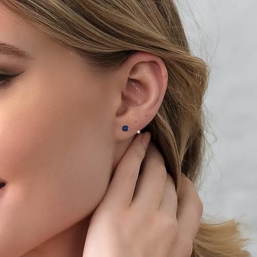 Miniatura 2 de Gem Stone King Aretes de plata de ley 925 con zafiro azul para mujer (0.70 quilates, redondos de 0.157in), Gema Metal Piedra preciosa, Zafiro