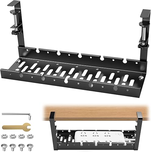 Bandeja de organización de cables debajo del escritorio, soporte de abrazadera sin taladro, organizador de cables de metal para escritorio, estante