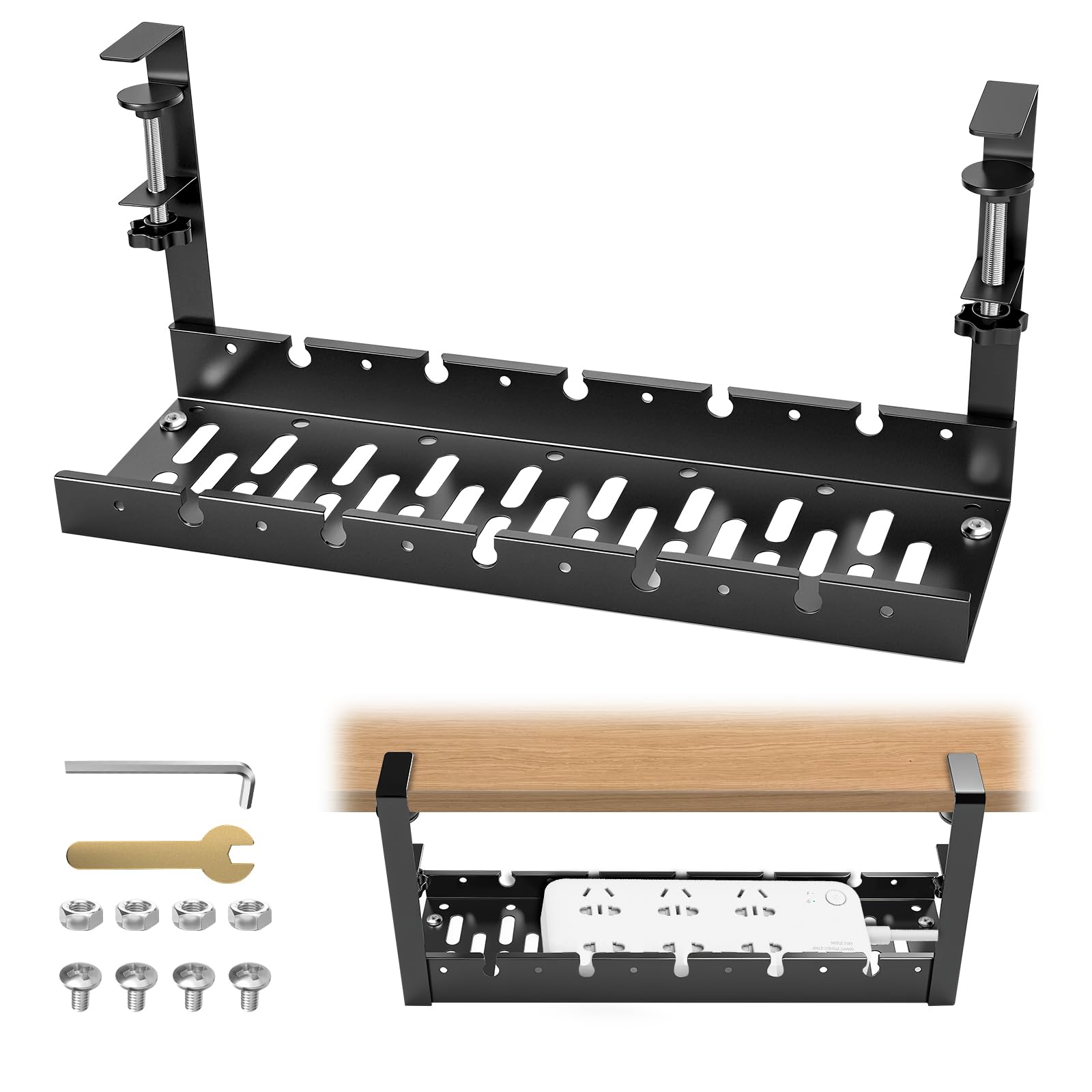 TSUMAZURE Under Desk Cable Management Tray, No Drill Clamp Mount, Metal Cord Organizer for Desk, Wire Management Rack for Home Office and Standing (Black)
