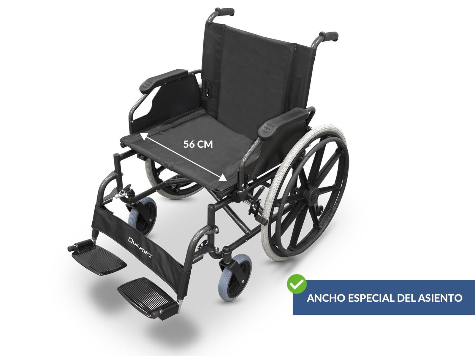 QUIRUMED Silla de ruedas, ANCHO ESPECIAL 56 CM UTILES, plegable, Acero, Acolchado extraíble, asiento amplio, Fácil plegado, Reposabrazos extraíbles, Para mayores, Para minusválidos