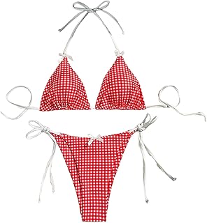 Bikini amarillo neón bikini, 2 piezas a cuadros para mujer, conjunto de bikini triángulo con nudo en la parte delantera traje de baño de cintura alta traje de baño corto que cambia de color