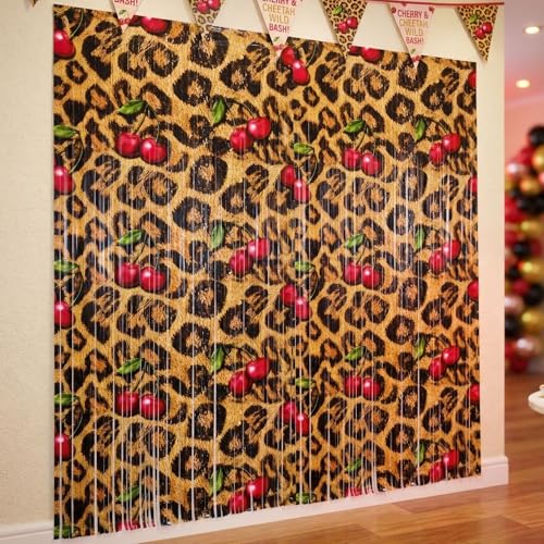 Vagilelf Cheetah and Cherry Birthday Decorations Foil Fringe Backdrop 2-Pack Retro Leopard Print Bachelorette Party Supplies 3.3 x 6.6ft Red Tinsel Curtain for Photo Booth Upgraded Adhesive Stay