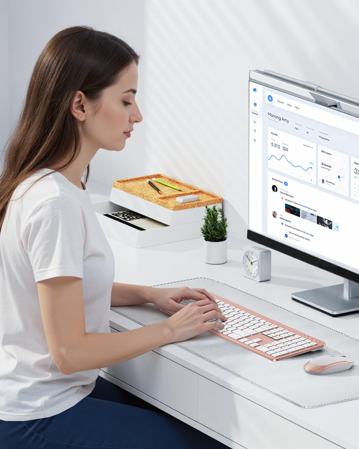 Wireless Keyboard and Mouse Combo, Full Size Slim Thin Cordless Keyboard Mouse with Numeric Keypad, Quiet Computer Keyboard Mice Set 2.4G Stable Connection Adjustable DPI (Rose Gold) - Image 7