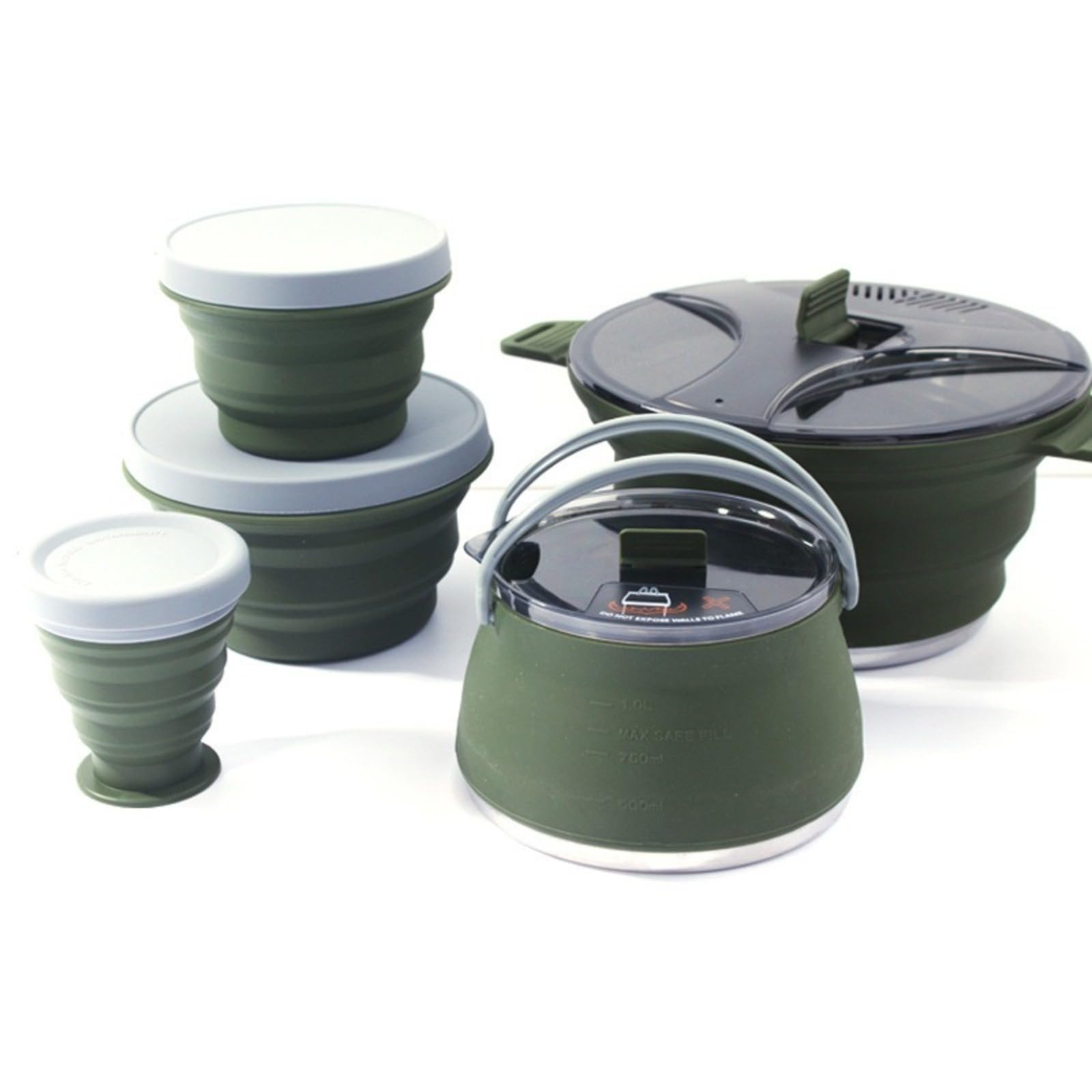 Olla plegable de silicona para camping, utensilios de cocina plegables para camping, olla de cocina de 2,5 L, silicona de grado alimenticio, base de acero inoxidable 304, con marcas de medición, tapa