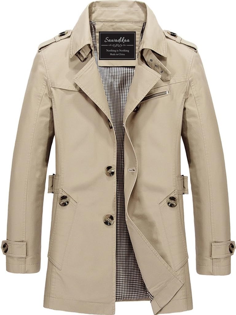 PWYXSA Men's Single-Breasted Cotton Lightweight Jacket Windbreaker Wind Trench Coat Outdoor Jacket Light Khaki Medium